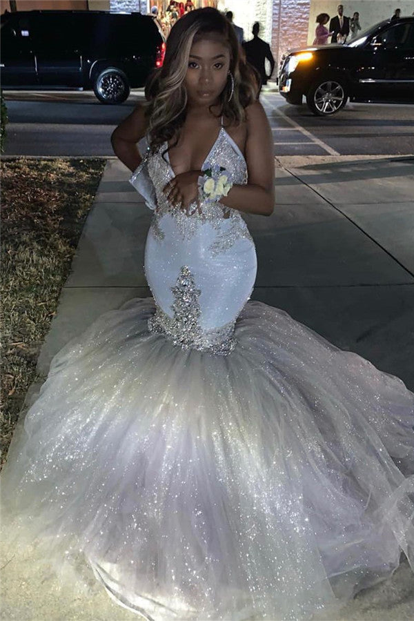 Sexy Deep V-neck Tulle Mermaid Prom Dress Sequins Long With Spaghetti Straps-showprettydress