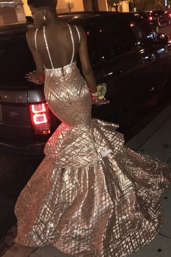 Sexy Gold Spaghetti Straps Mermaid Prom Dress Sequins Long-showprettydress