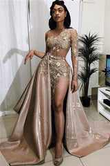 Sexy Gold Two-piece Prom Dress Sequins Long Sleeve On One Side-showprettydress