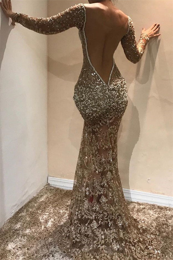 Sexy Gold V-Neck Long Sleeves Mermaid Prom Dress Sequins Long-showprettydress