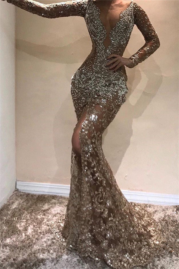 Sexy Gold V-Neck Long Sleeves Mermaid Prom Dress Sequins Long-showprettydress