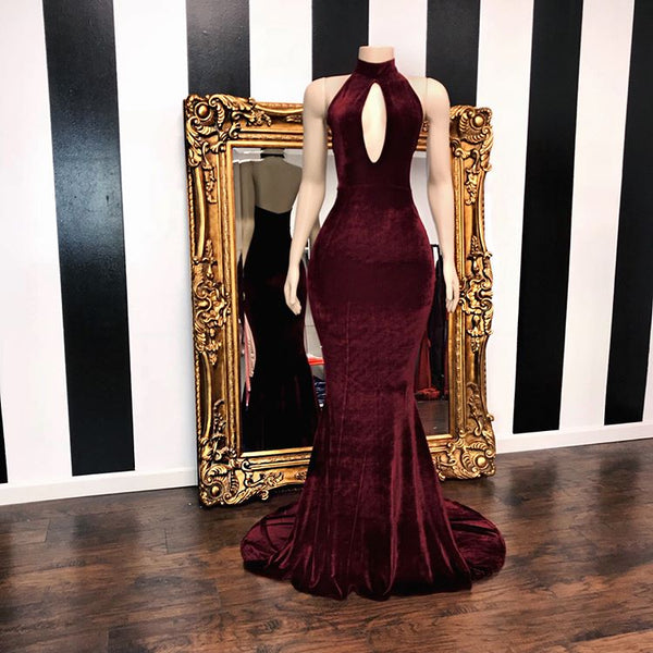 Sexy Halter V-neck Mermaid Prom Dress Burgundy Long Chiffon-showprettydress