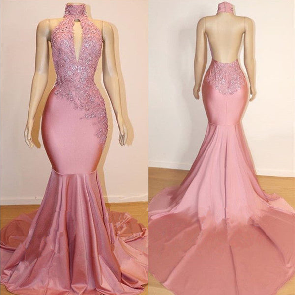 Sexy High Collar Mermaid Prom Dress Sequins Pink Long Backless-showprettydress