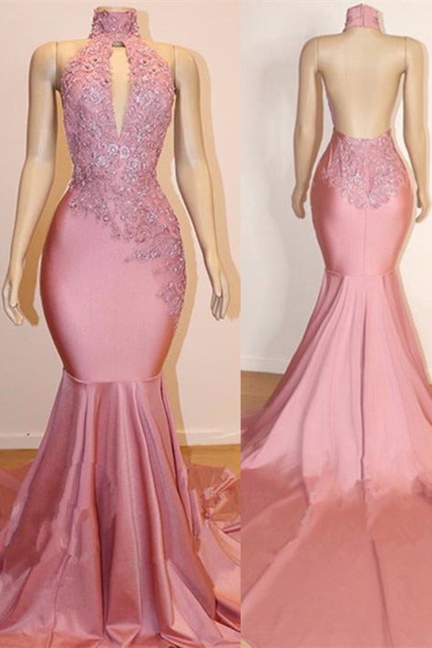 Sexy High Collar Mermaid Prom Dress Sequins Pink Long Backless-showprettydress