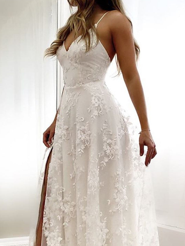 Sexy Long A-Line Spaghetti Strap Lace Backless Wedding Dresseswith Slit-showprettydress