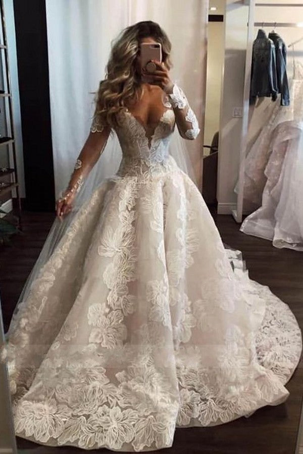 Sexy Long A-Line V-neck Appliques Lace Pearl Wedding Dress with Sleeves-showprettydress