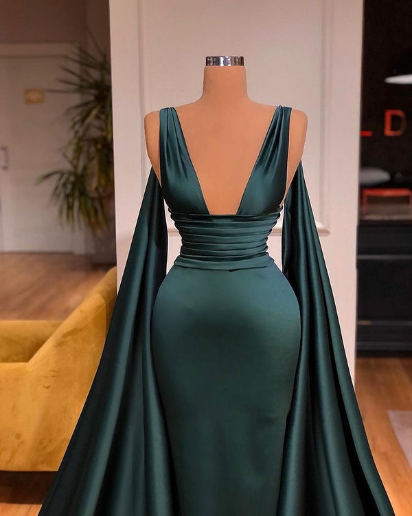 Sexy Long Deep V-Neck Sleeveless Evening Gowns Mermaid Prom Dress With Ruffles-showprettydress