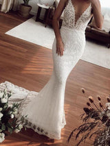 Sexy Long Mermaid V-neck Lace Tulle Wedding Dresses-showprettydress