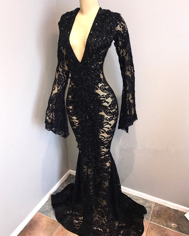 Sexy Long Sleeves Black Mermaid Prom Dress Lace V-neck Long-showprettydress