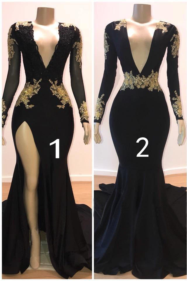 Sexy Long Sleeves Black Mermaid Prom Dress Sequins Long Deep V-neck With Split-showprettydress