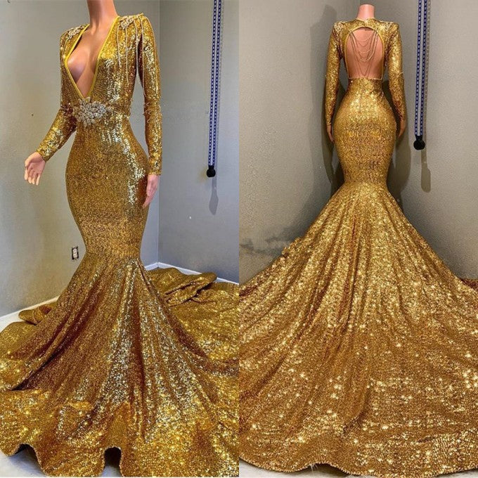 Sexy Long Sleeves Gold Mermaid Prom Dress Sequins V-neck Backless Long-showprettydress