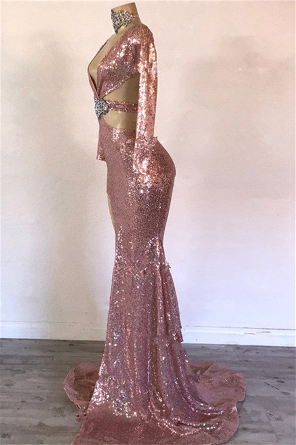 Sexy Long Sleeves Pink Mermaid Prom Dress Sequins V-neck Long With Split-showprettydress