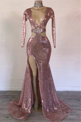 Sexy Long Sleeves Pink Mermaid Prom Dress Sequins V-neck Long With Split-showprettydress