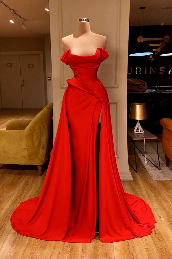 Sexy Red Long Mermaid Off-the-Shoulder Prom Dress With Split-showprettydress