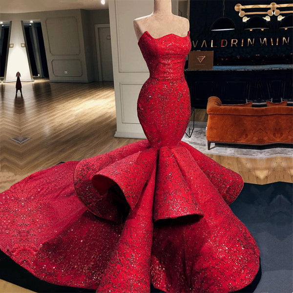 Sexy Red Strapless Mermaid Prom Dress Sequins Long-showprettydress