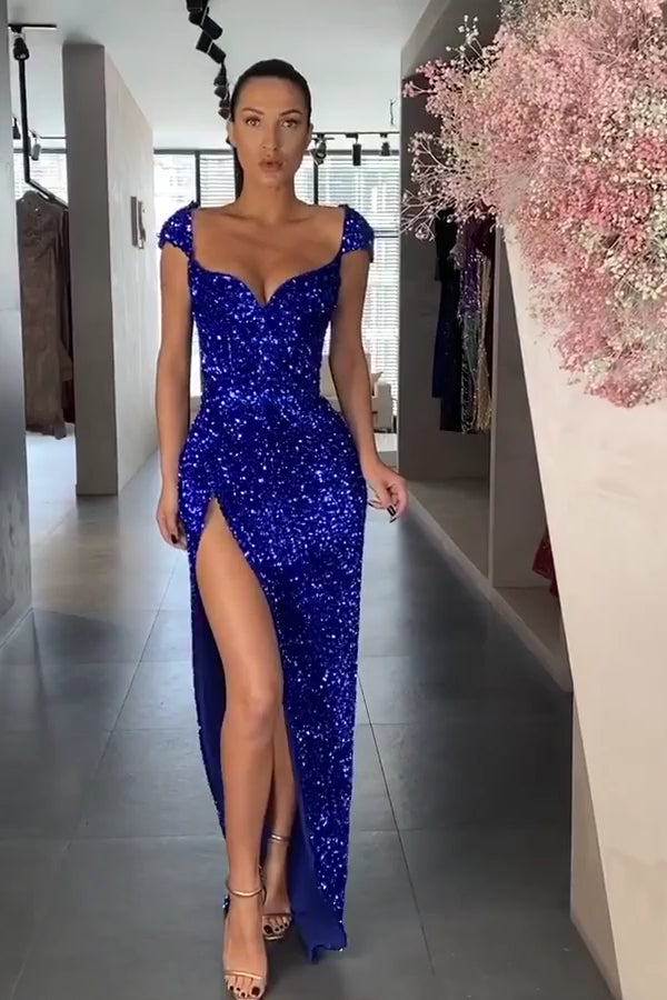 Sexy Royal Blue Long Mermaid Sequins Prom Dress Split – showprettydress