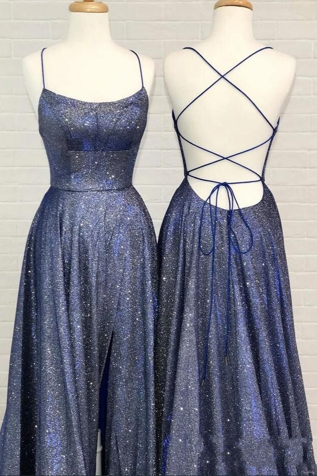 Sexy Spaghetti Straps Backless Sequins Prom Dress Long-showprettydress