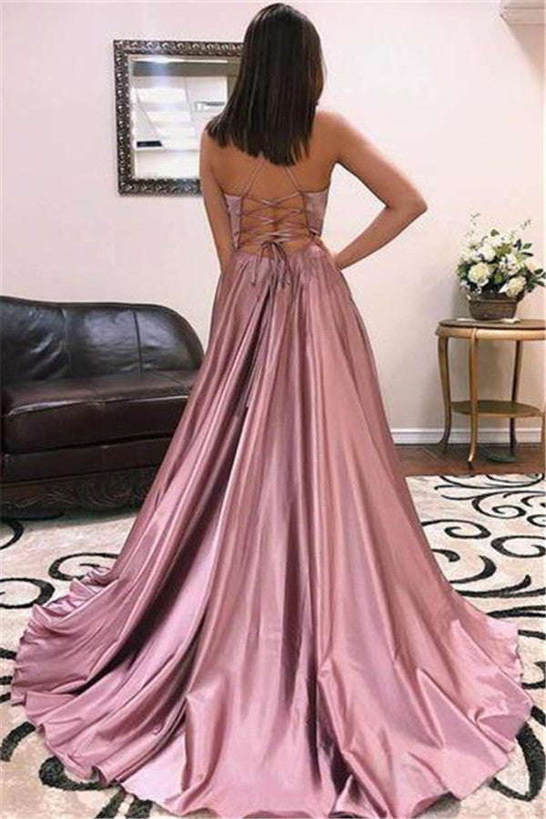 Sexy Spaghetti Straps Pink Prom Dress Long With Split-showprettydress