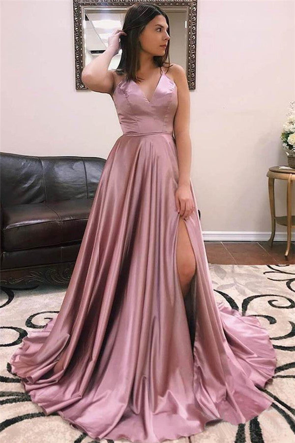 Sexy Spaghetti Straps Pink Prom Dress Long With Split-showprettydress