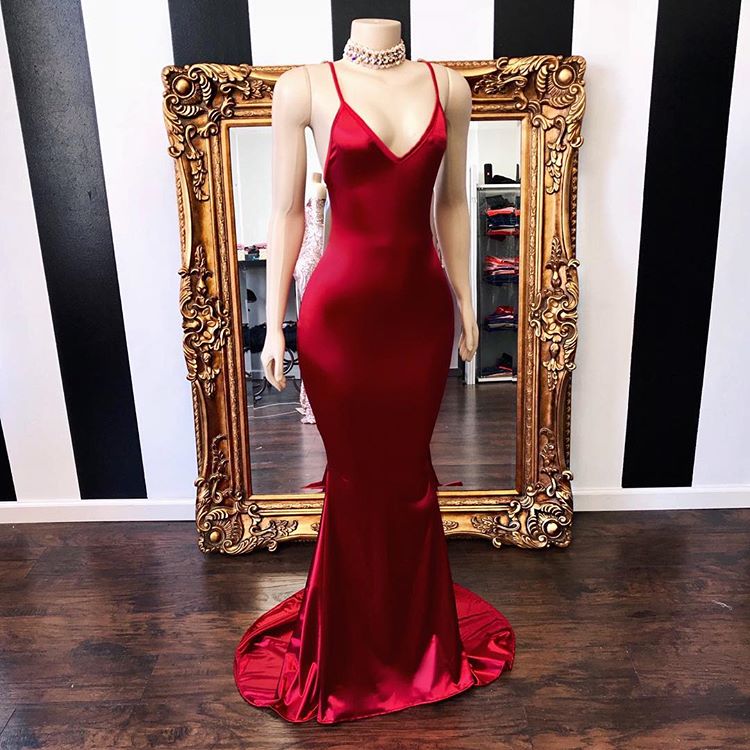 Sexy Spaghetti Straps V-Neck Mermaid Prom Dress Red Long Chiffon-showprettydress