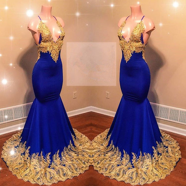 Sexy Spaghetti Straps V-Neck Mermaid Prom Dress Sequins Blue Long Chiffon-showprettydress