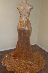 Sexy Spaghetti Straps V-Neck Mermaid Prom Dress Sequins Long Chiffon Gold With Split-showprettydress