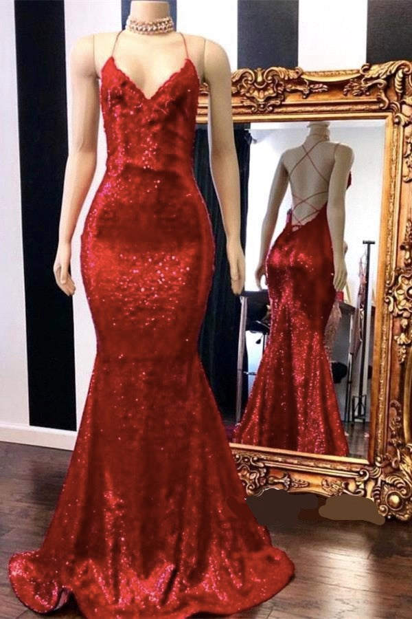 Sexy Spaghetti Straps V-Neck Mermaid Prom Dress Sequins Red Long-showprettydress