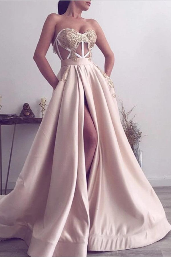 Sexy Strapless Sequins Long Prom Dress With Split-showprettydress