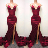 Sexy V-neck Chiffon Mermaid Prom Dress Long With Split Burgundy-showprettydress