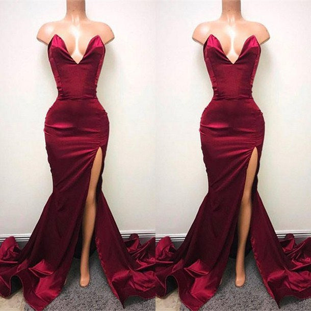 Sexy V-neck Chiffon Mermaid Prom Dress Long With Split Burgundy-showprettydress