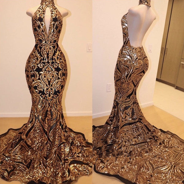 Sexy V-neck Halter Backless Mermaid Prom Dress Gold Sequins Long Backless-showprettydress