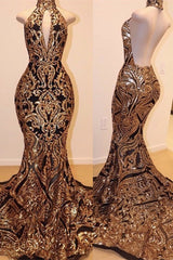 Sexy V-neck Halter Backless Mermaid Prom Dress Gold Sequins Long Backless-showprettydress