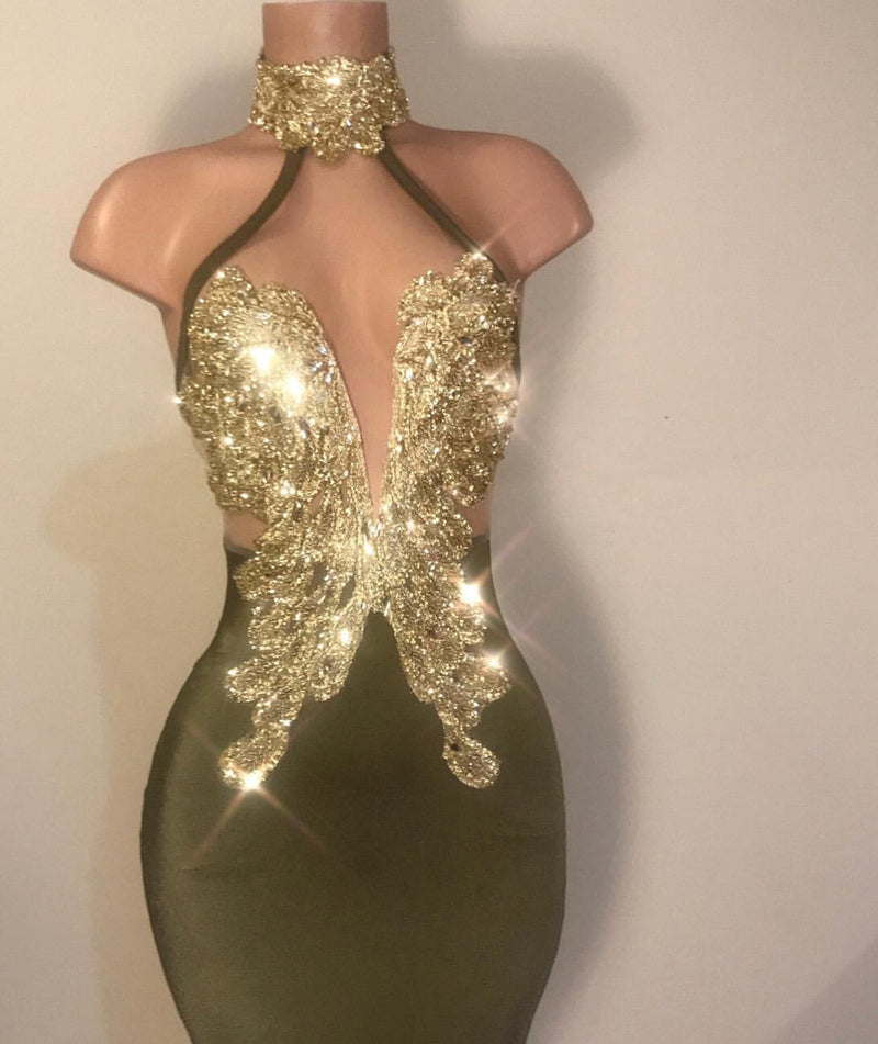 Sexy V-neck Halter Backless Mermaid Prom Dress Sequins Chiffon Green Long Backless-showprettydress