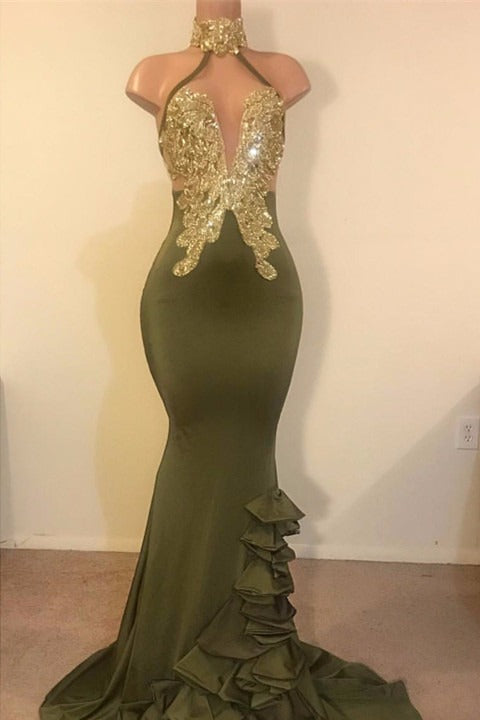 Sexy V-neck Halter Backless Mermaid Prom Dress Sequins Chiffon Green Long Backless-showprettydress