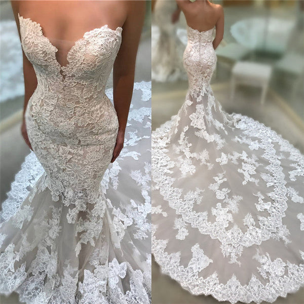 Sexy V-neck Long Mermaid Wedding Dress Lace-showprettydress