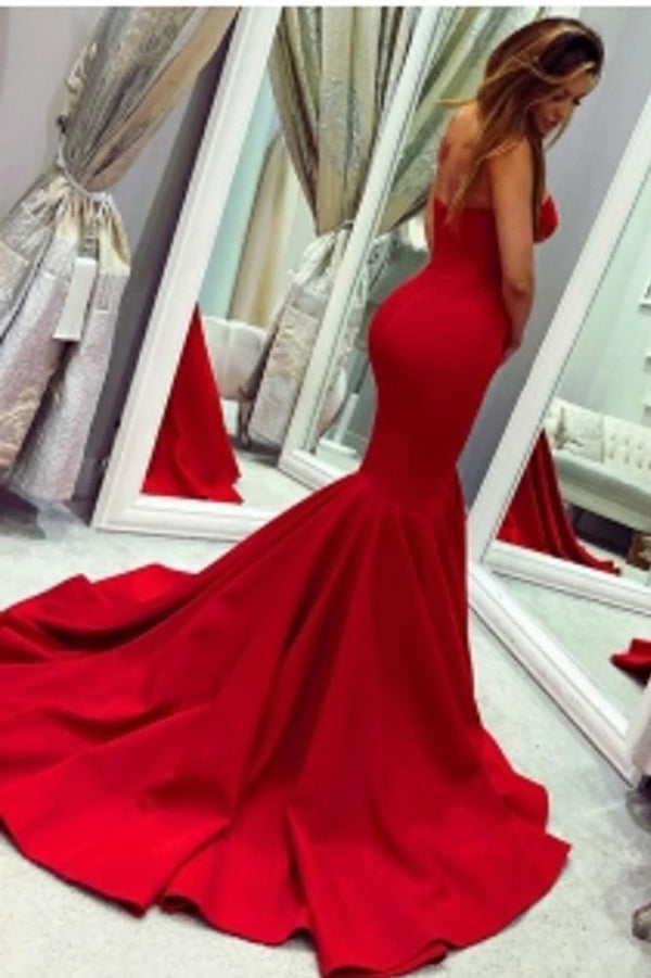 Sey Red Satin Mermaid Sleeveless Sweetheart Floor Length Backless Prom Dresses Evening Gowns With Zipper-showprettydress