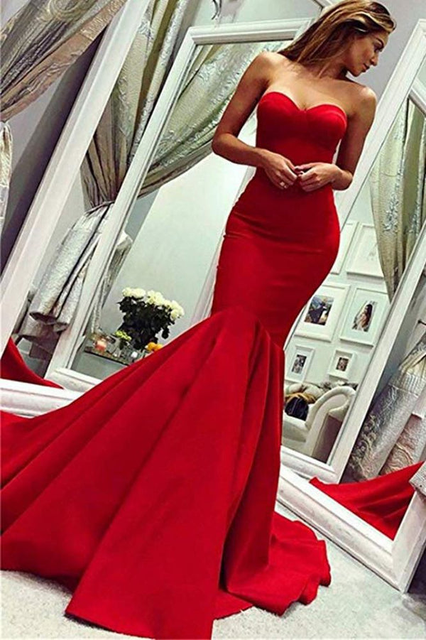 Sey Red Satin Mermaid Sleeveless Sweetheart Floor Length Backless Prom Dresses Evening Gowns With Zipper-showprettydress