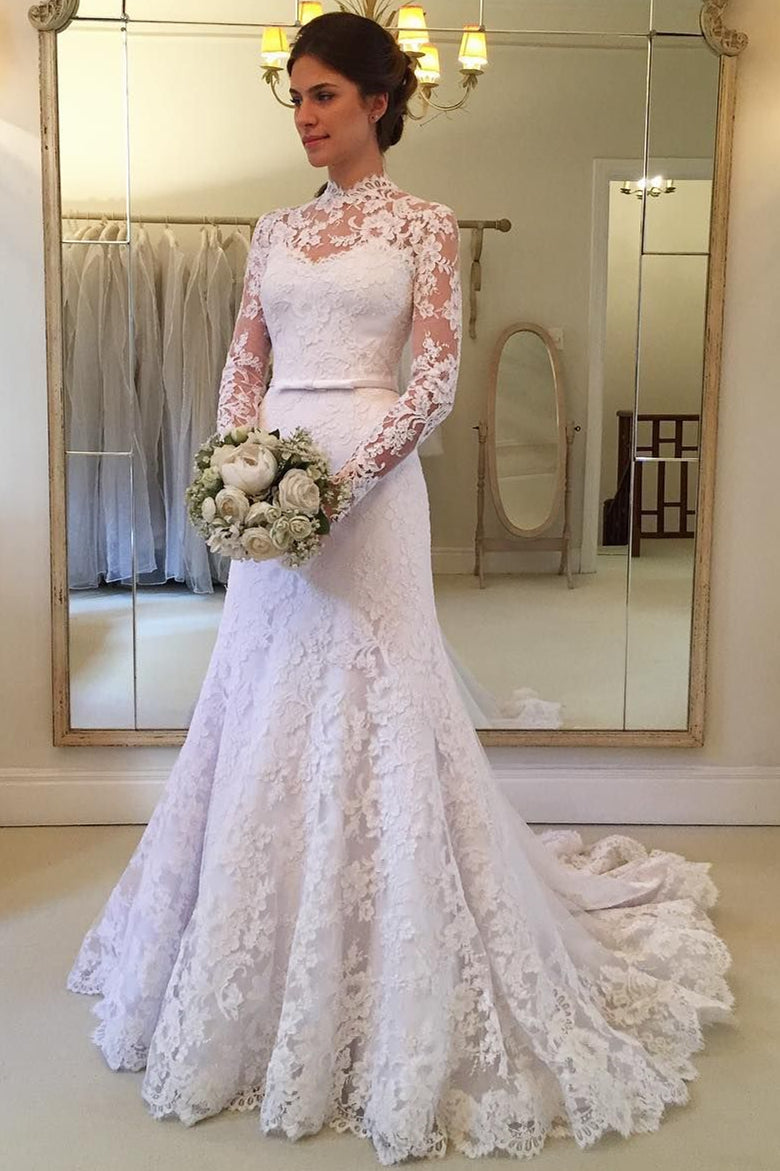 Sheath Small Round Collar Long Sleeves Sweep Train Tulle Applique Lace Wedding Dress-showprettydress