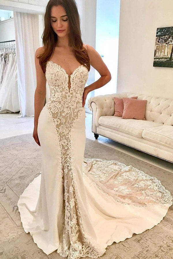 Sheath Spaghetti Strap Floor Length Chapel Chiffon Applique Wedding Dress-showprettydress