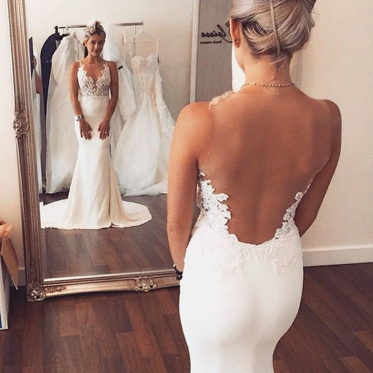 Sheer back Mermaid Wedding Dress Sleeveless Lace summer Beach Bridal Gowns-showprettydress