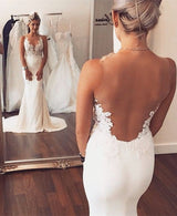 Sheer back Mermaid Wedding Dress Sleeveless Lace summer Beach Bridal Gowns-showprettydress