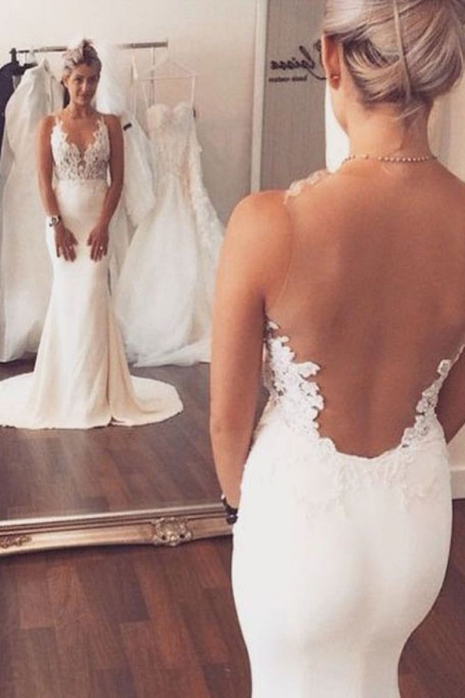 Sheer back Mermaid Wedding Dress Sleeveless Lace summer Beach Bridal Gowns-showprettydress