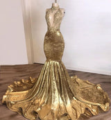 Shinning Champagne Gold Deep V-neck Court Train Mermaid Prom Dresses-showprettydress