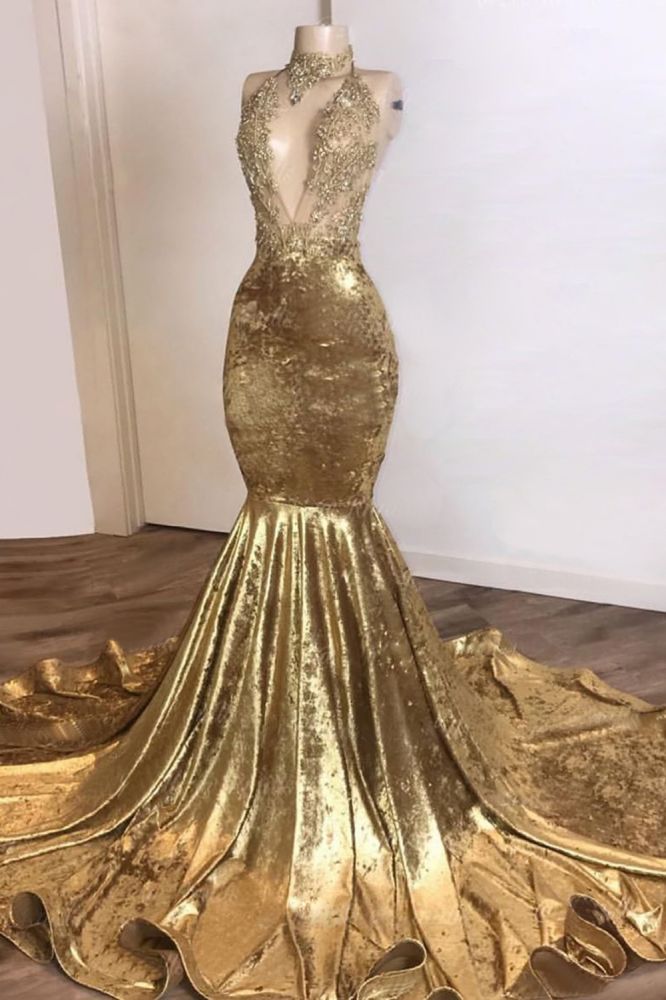 Shinning Champagne Gold Deep V-neck Court Train Mermaid Prom Dresses-showprettydress