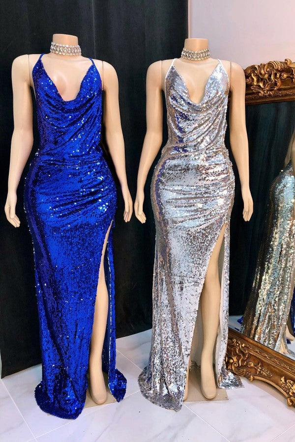 Shinning Sequins V-neck Sleeveless Front Slit Mermaid Prom Dresses-showprettydress