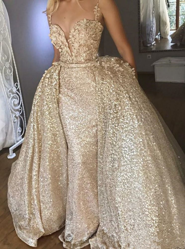 Shiny Champagne Sequins V-neck Spaghetti Straps Appliques Prom Dresses With Detachable Skirt-showprettydress