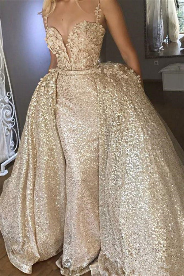 Shiny Champagne Sequins V-neck Spaghetti Straps Appliques Prom Dresses With Detachable Skirt-showprettydress