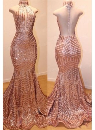 Shiny High Neck Sleeveless Sequins Mermaid Prom Dresses-showprettydress