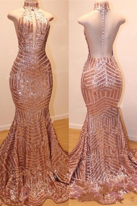 Shiny High Neck Sleeveless Sequins Mermaid Prom Dresses-showprettydress