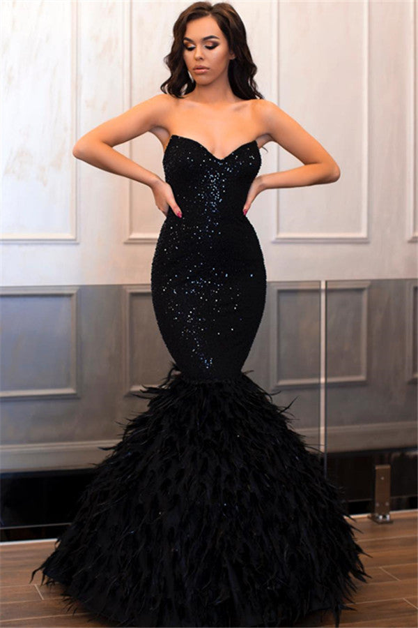 Shiny Mermaid Black Strapless Sleeveless Floor-Length Prom Party Gowns-showprettydress